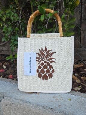 Tommy Bahama Cream Tote with Brown Pineapple and Bamboo Handles